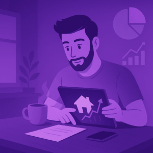 Man analyzing real estate data and seller net sheet tools on tablet with growth charts