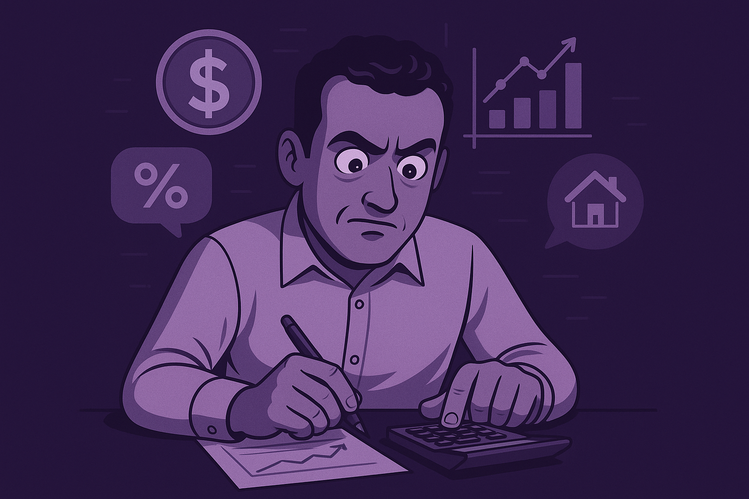 Man calculating Airbnb ROI with charts, percentage, and property icons - Propesti