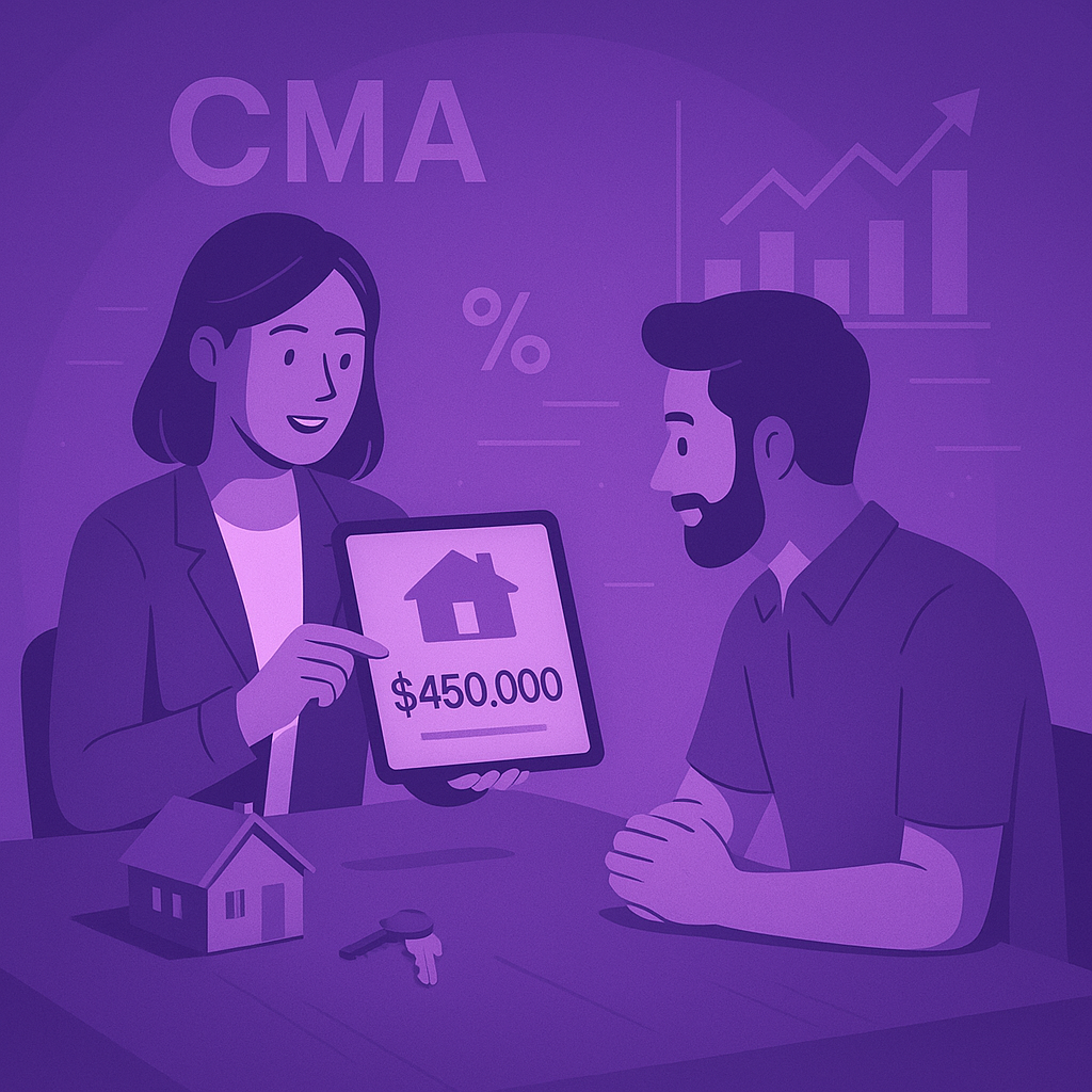 Real estate advisor showing a $450,000 CMA home valuation on tablet to a potential buyer with graphs in the background