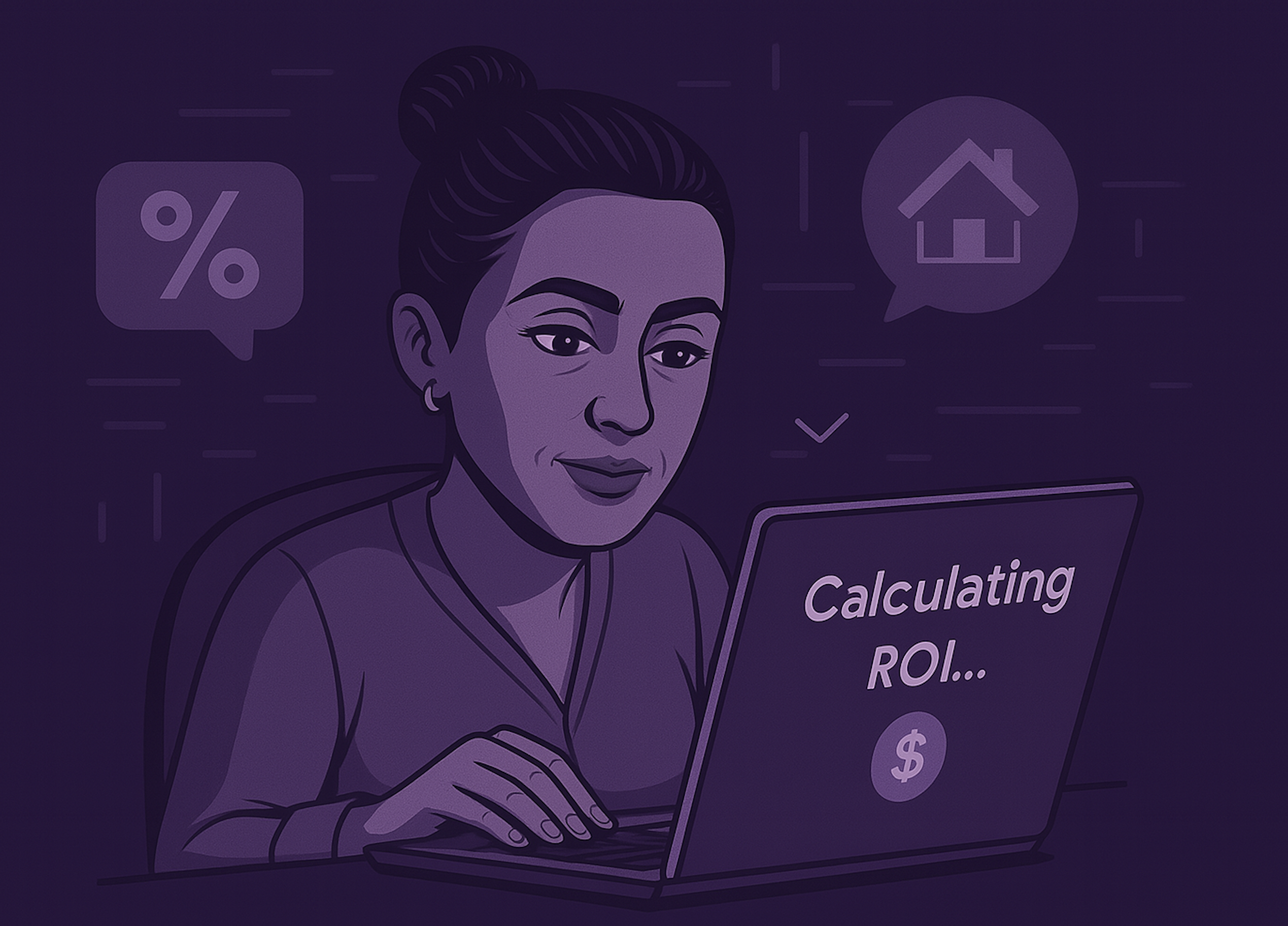 Woman calculating Fix and Flip ROI with home and percent icons - Propesti