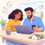 Couple reviewing home value estimates and property data on a laptop before making a buying decision.