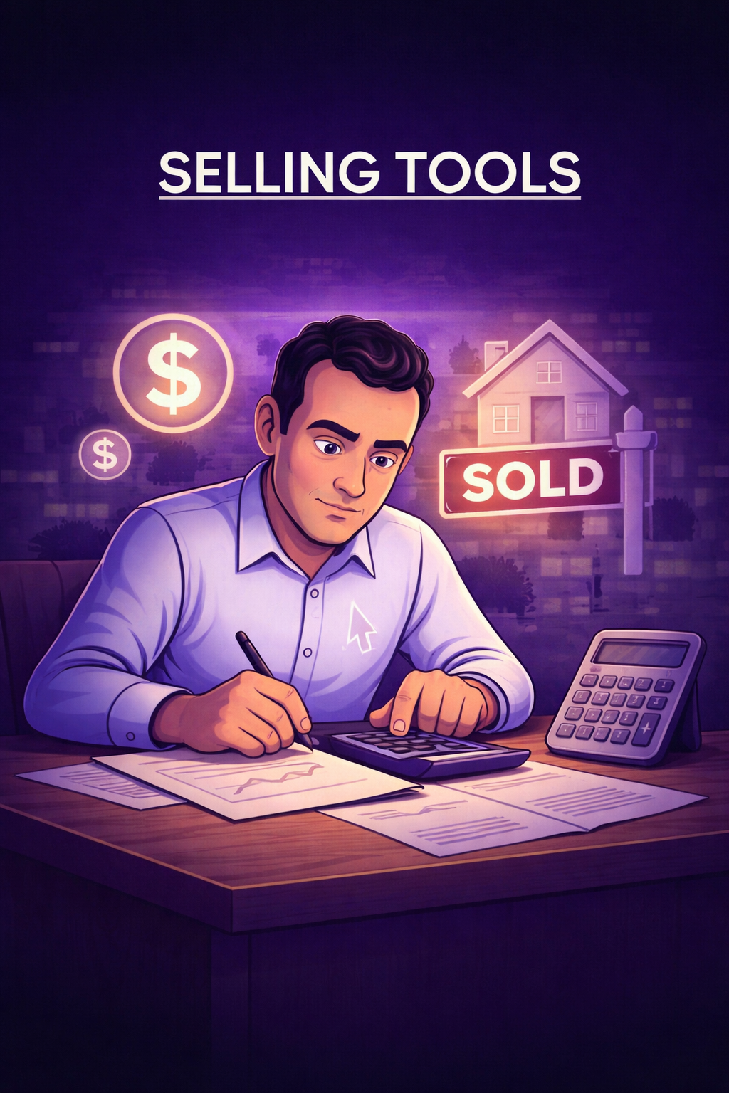 Selling tools illustration showing a homeowner reviewing net proceeds, home value, and selling costs using real estate calculators