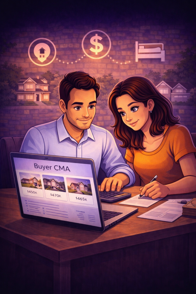 Couple reviewing home value estimates and property data on a laptop before making a buying decision.