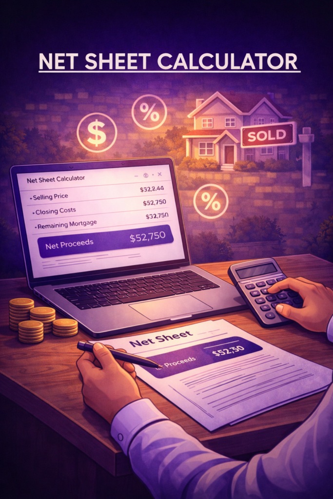 Home Seller calculating estimated net proceeds and closing costs using a real estate net sheet calculator