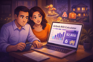Couple calculating Airbnb ROI with charts, percentage, and property icons - Propesti