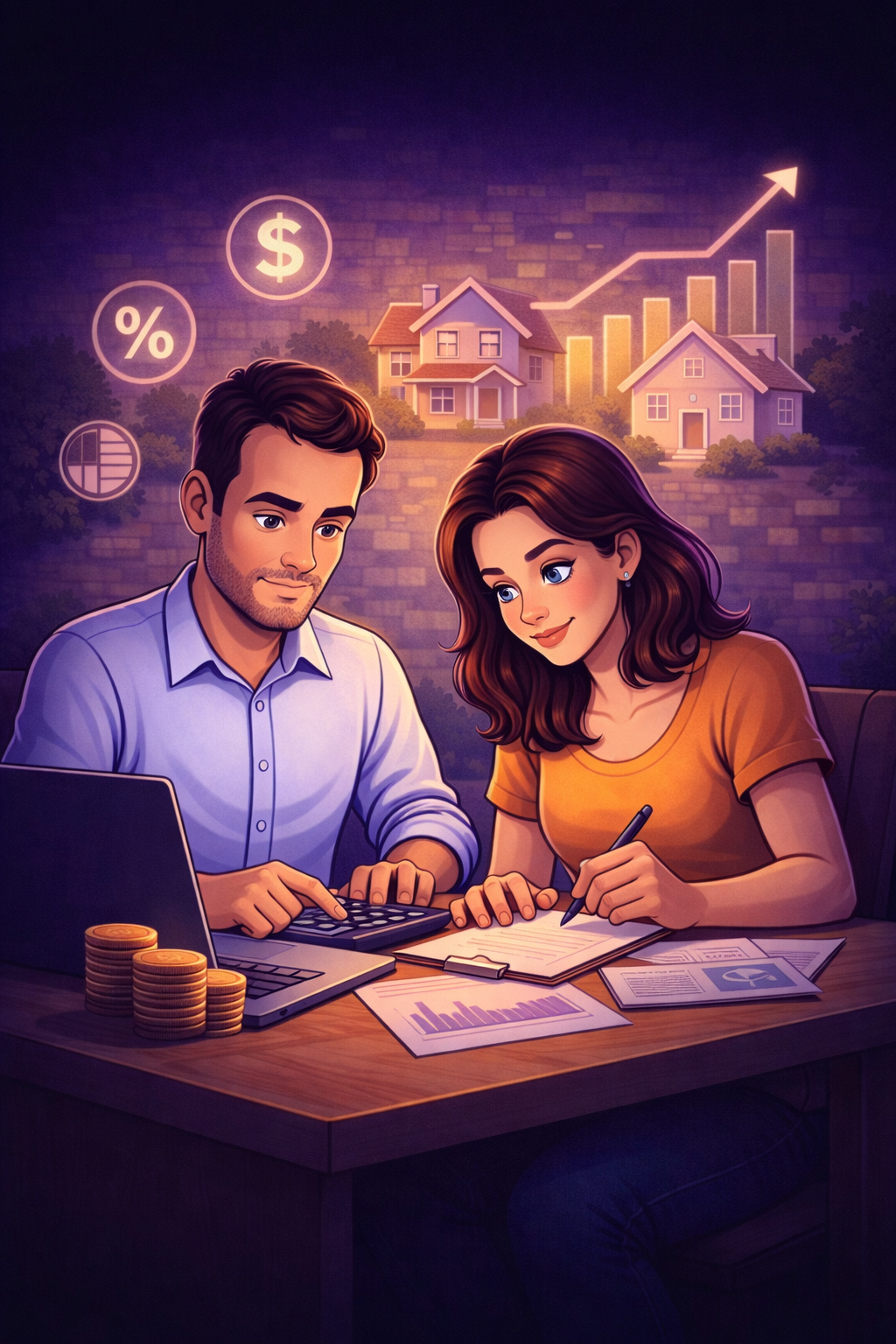 Couple reviewing real estate investment data, cash flow projections, and property performance charts on a tablet and laptop.