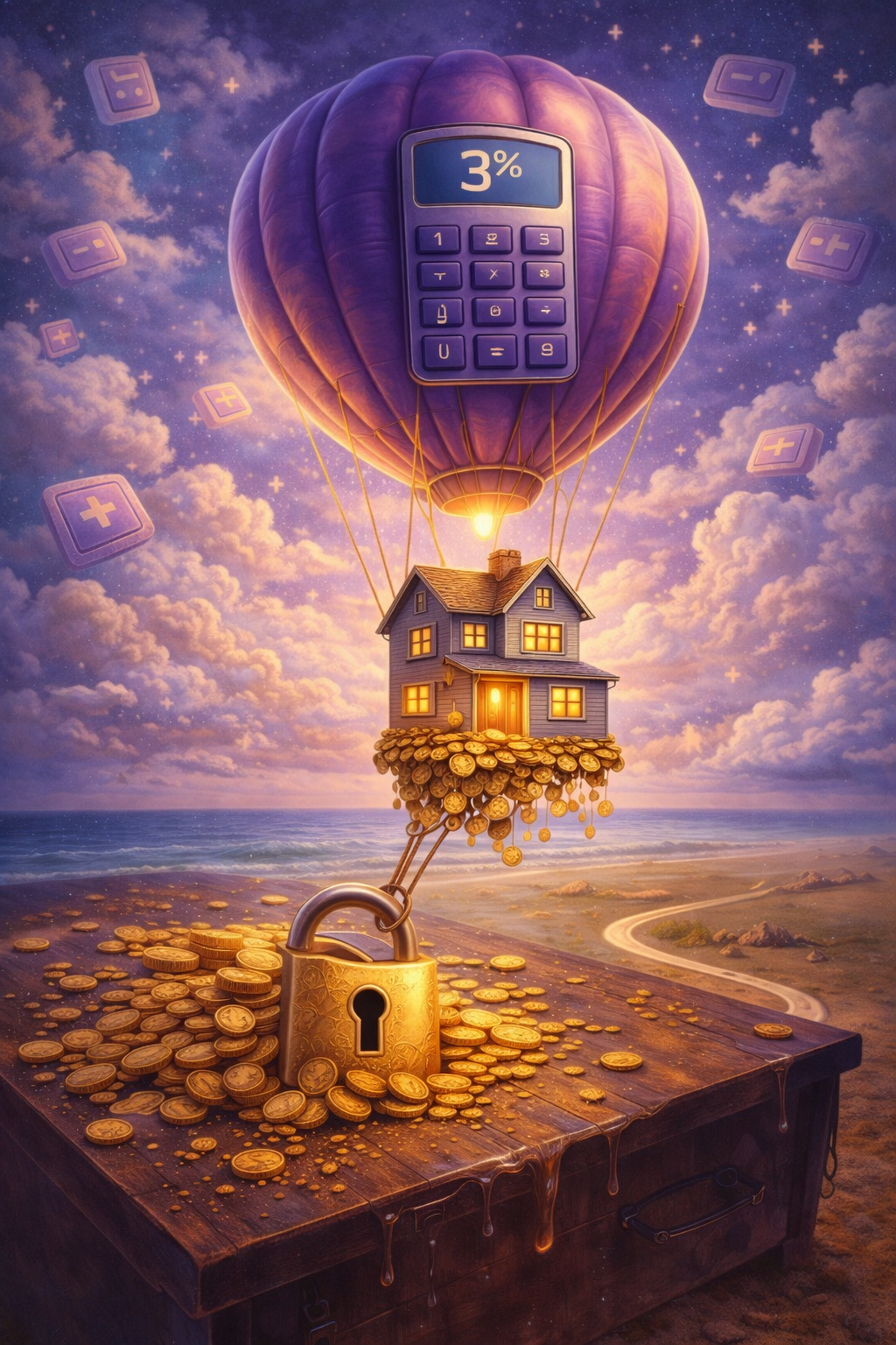 Home affordability Balloon house surreal real estate artwork showing factors like income , credit score , interest rate and title costs lifting a home.