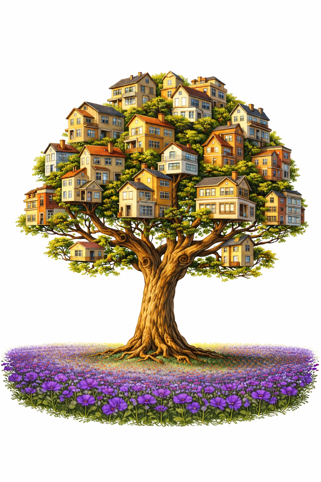 Surreal illustration of a real estate tree growing multiple houses representing home value and net proceeds from selling property