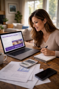calculating their home buying budget using a home affordability calculator on a laptop