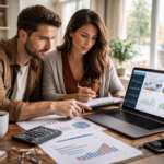 Couple reviewing real estate investment data, cash flow projections, and property performance charts on a tablet and laptop.