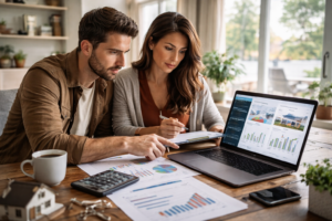 Couple reviewing real estate investment data, cash flow projections, and property performance charts on a tablet and laptop.