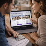 reviewing home value estimates and property data on a laptop before making a buying decision.