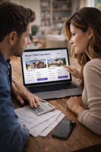 reviewing home value estimates and property data on a laptop before making a buying decision.