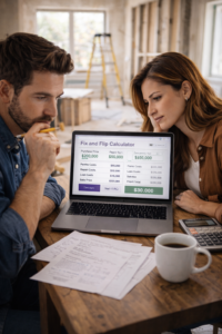 Real estate investor analyzing ROI, cash flow, and property investment returns using a digital calculator on a tablet.