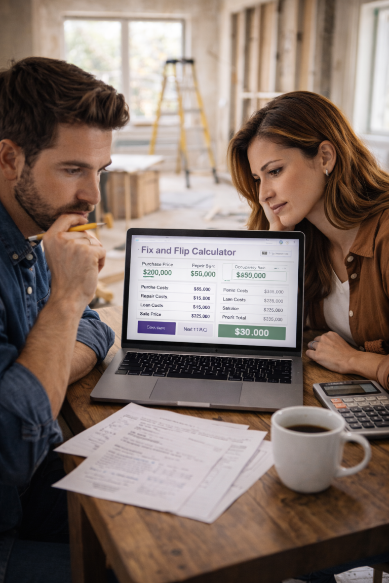 Real estate investor analyzing ROI, cash flow, and property investment returns using a digital calculator on a tablet.