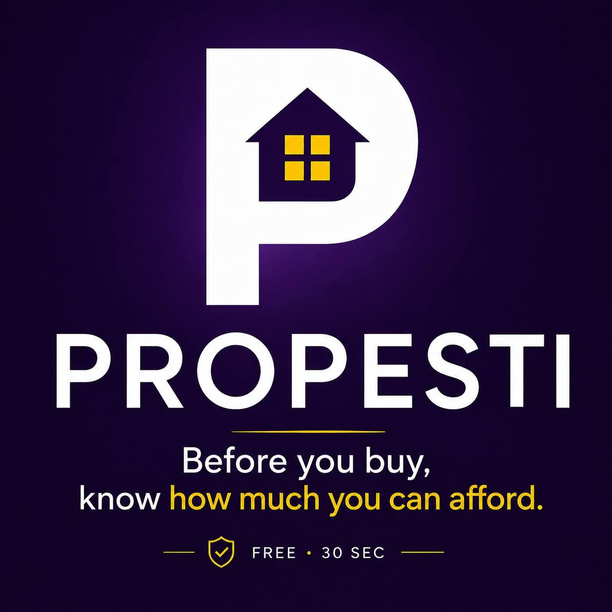 Propesti home affordability calculator ad with message ‘Before you buy, know how much you can afford’ on a purple background.