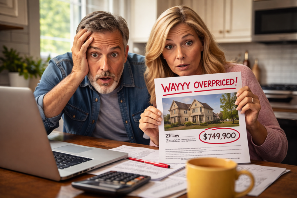 Mortgage rates 7% housing market. home seller pricing mistake 2026 overpriced listing shocked couple real estate