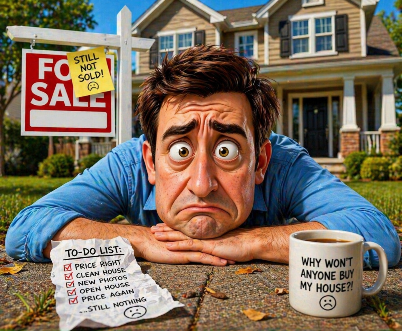 why cant i sell my house Florida frustrated seller in front of home with for sale sign not selling