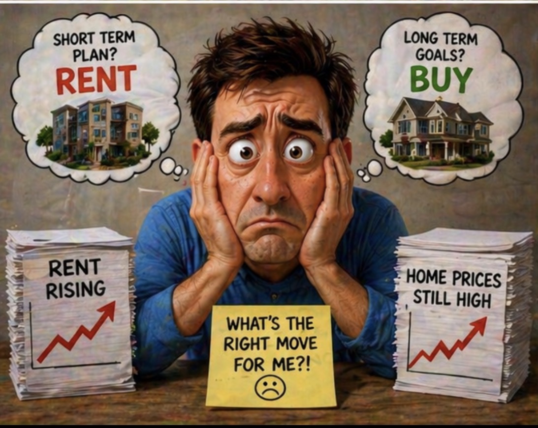 buy vs rent decision 2026 illustration showing rent vs buy comparison with rising rent and high home prices