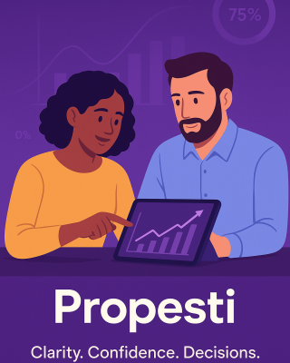 Couple using Propesti real estate tools to calculate home value and net proceeds confidently